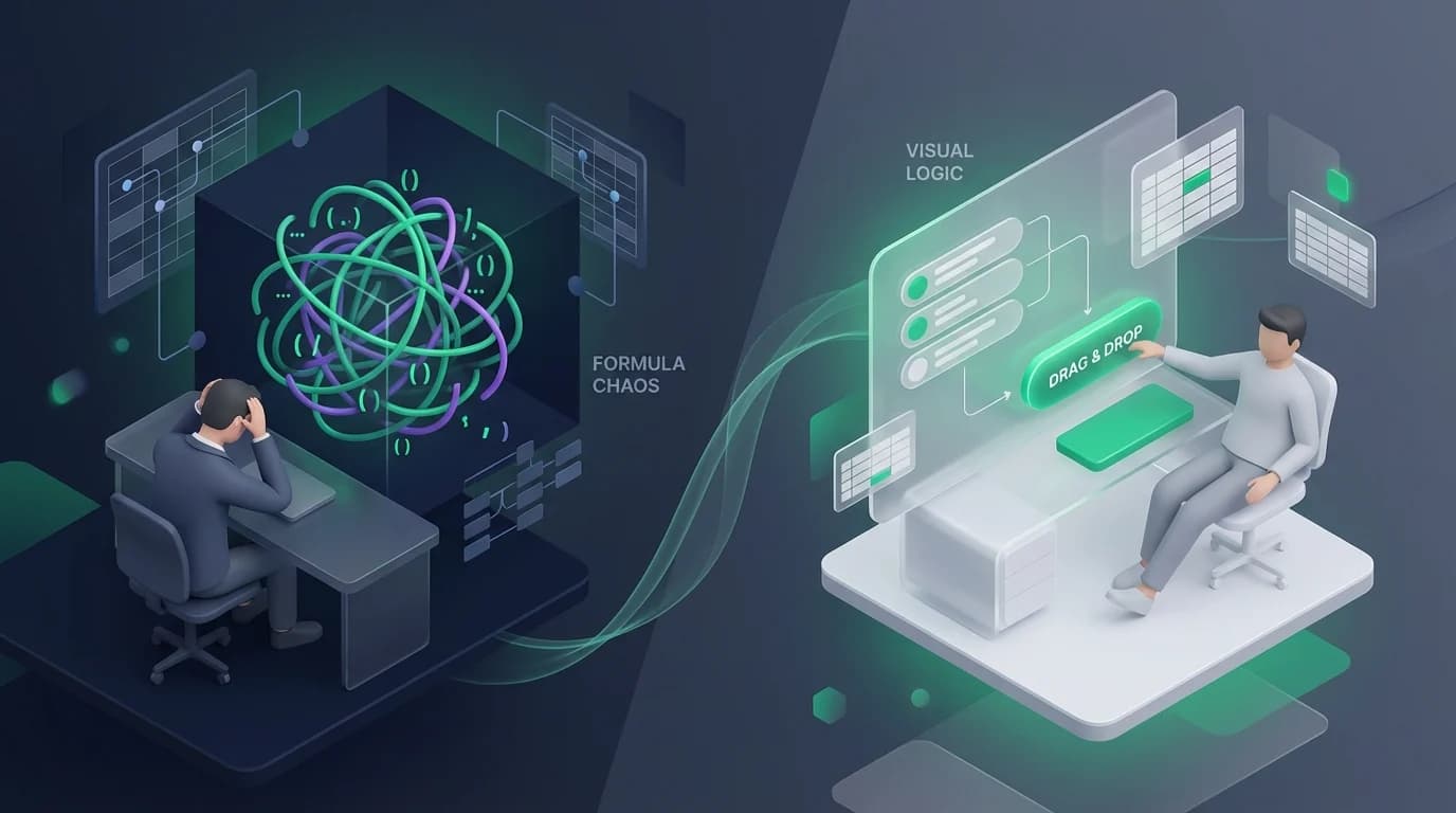 A stressed office worker staring at a tangled knot of parentheses floating in the air, contrasting with a calm user dragging and dropping blocks on a screen.