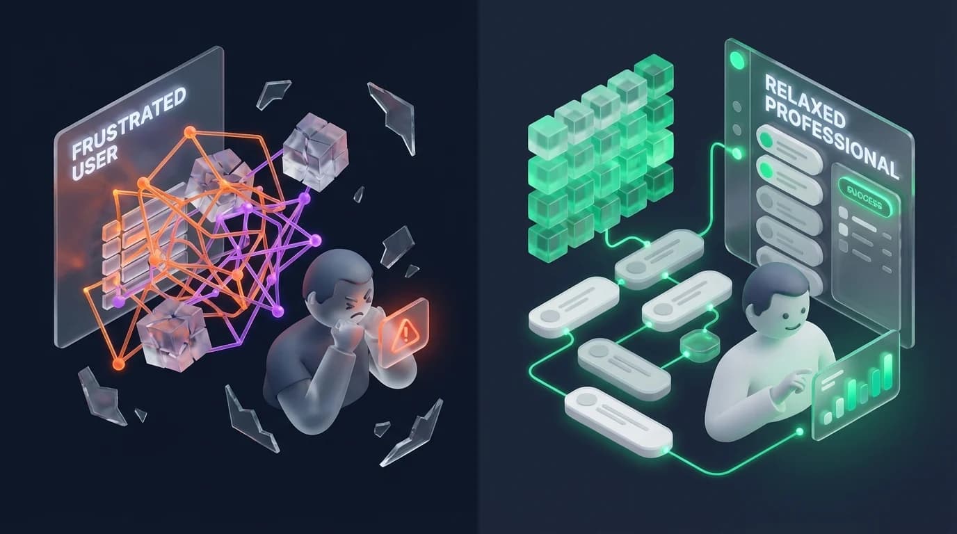 A split screen showing a frustrated user squinting at a complex, broken spreadsheet formula on one side, and a relaxed professional using a sleek sidebar interface on the other.