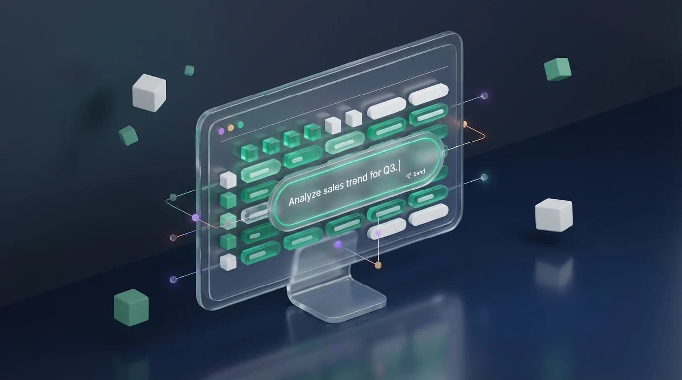 A computer monitor showing a spreadsheet interface with a natural language text prompt box active on the screen.
