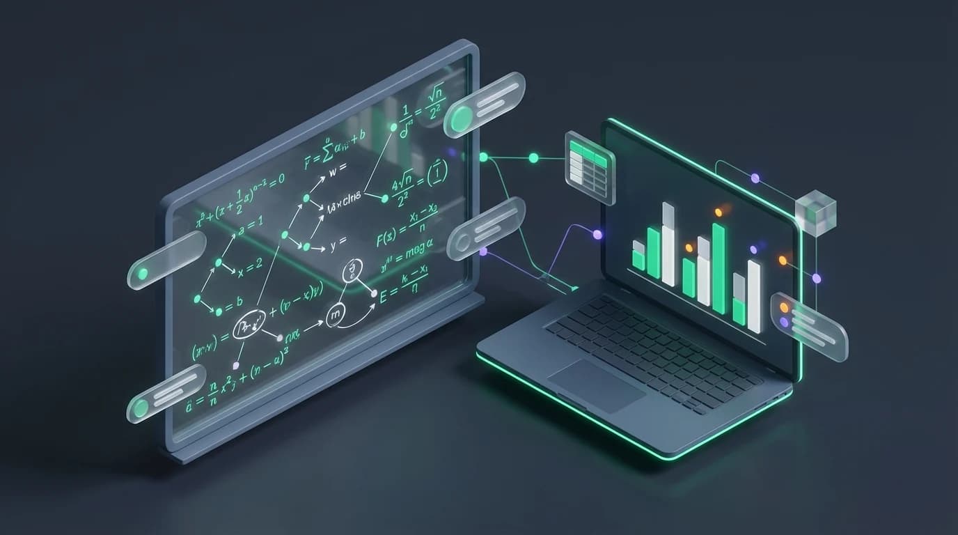 Whiteboard covered in complex equations next to a laptop displaying a simple chart.