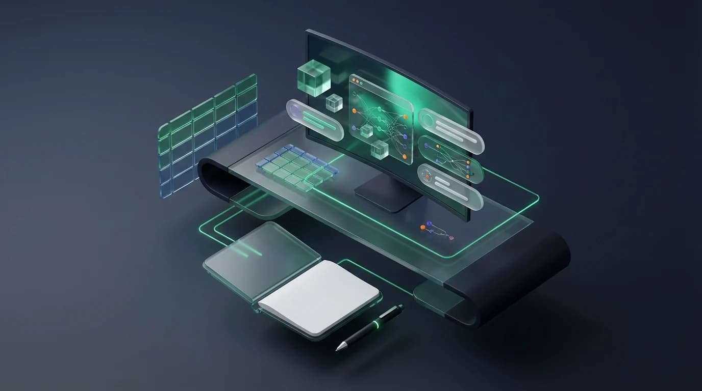 A workspace featuring a computer screen showing data analytics next to office supplies.