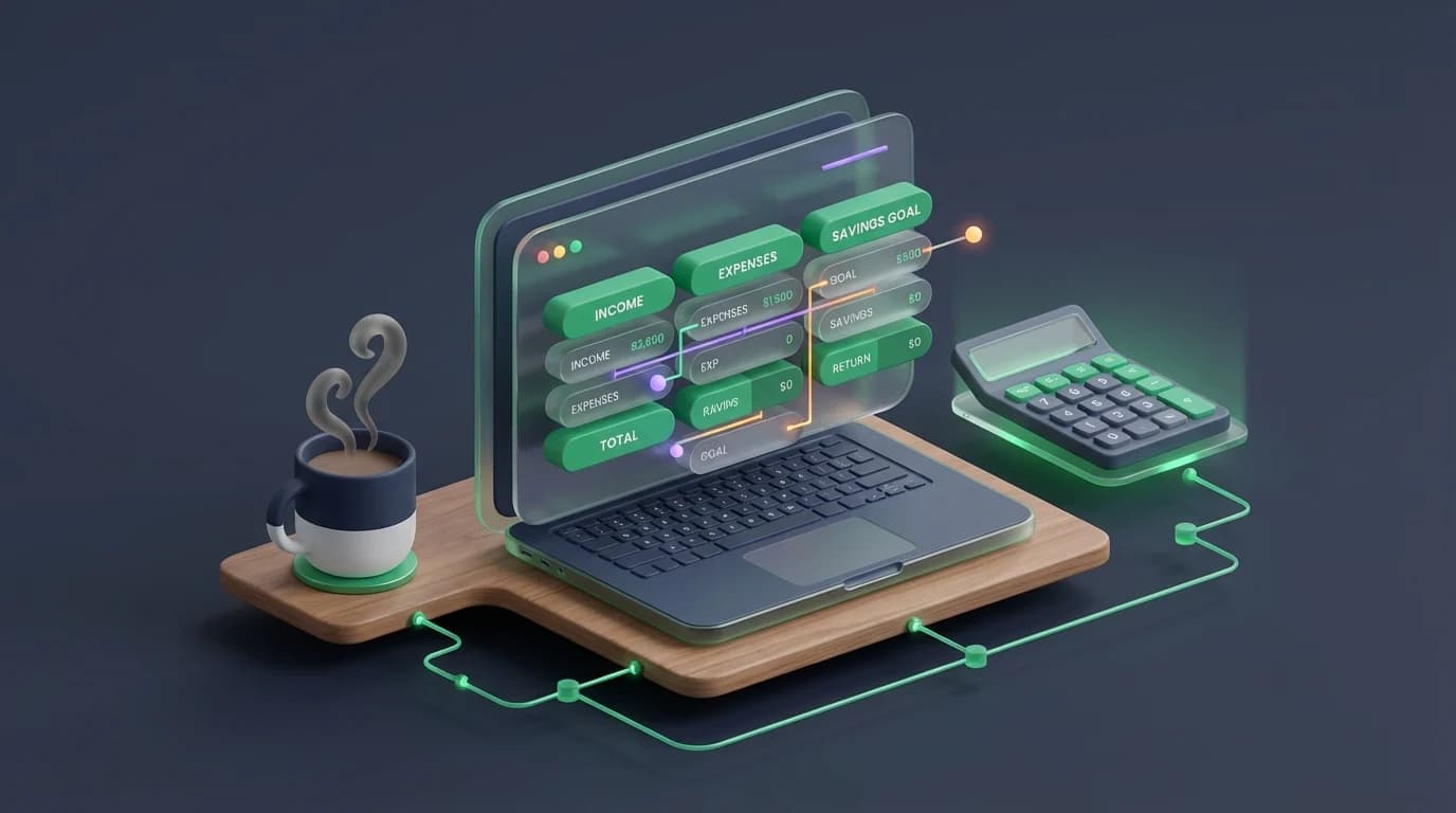 A laptop displaying a spreadsheet next to a calculator and coffee mug