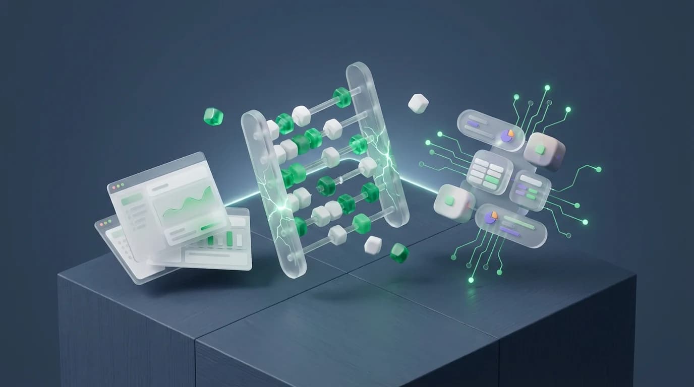 Broken abacus next to unorganized paper reports