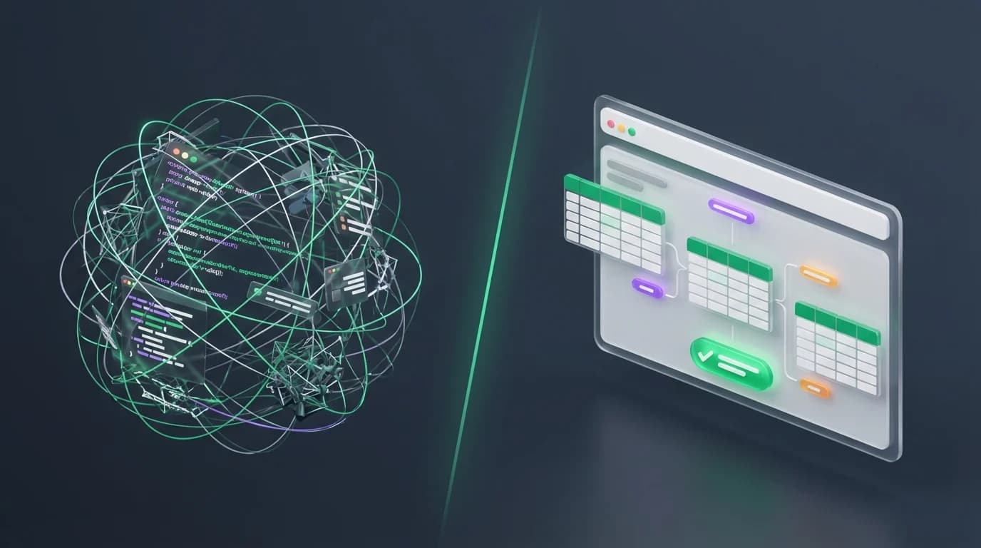 Comparison between complex spreadsheet code and a clean interface prompt