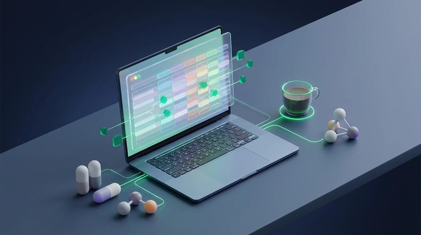 A laptop showing a spreadsheet next to a coffee cup and children's toys on a kitchen table.