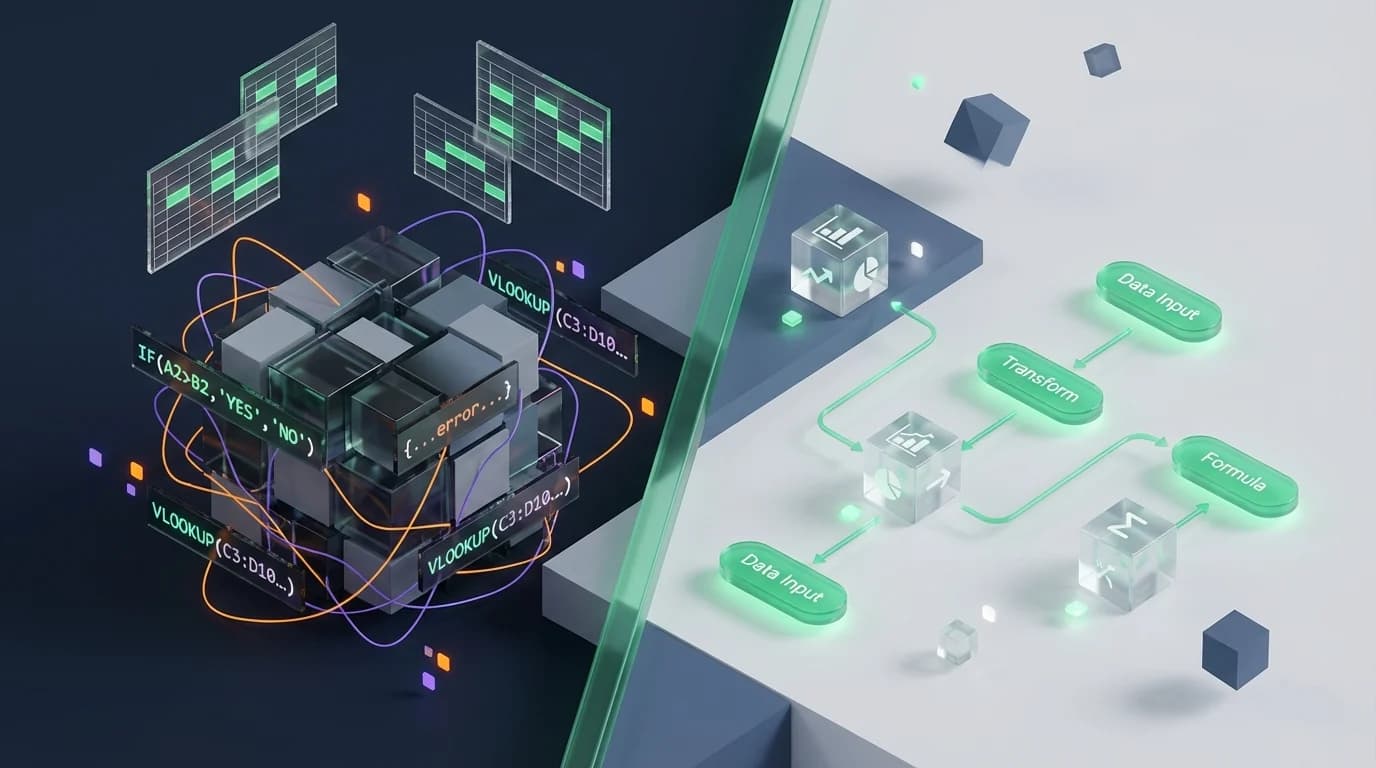 Comparison between confusing spreadsheet code lines and clear visual node building elements