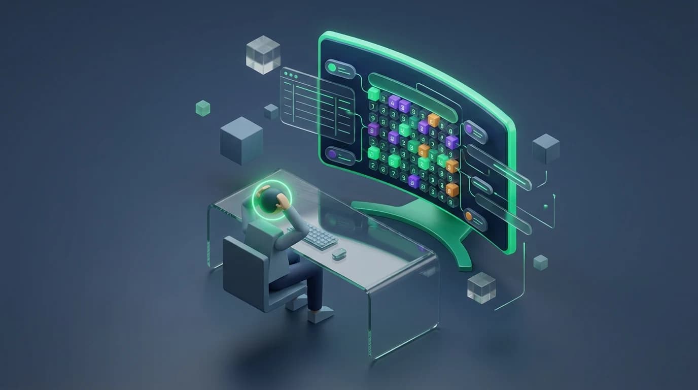 Frustrated analyst trying to write complex spreadsheet formulas on a computer monitor.