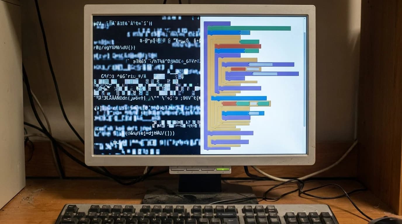 Split screen comparing raw text strings with properly structured advanced Excel formula debugging formatting.