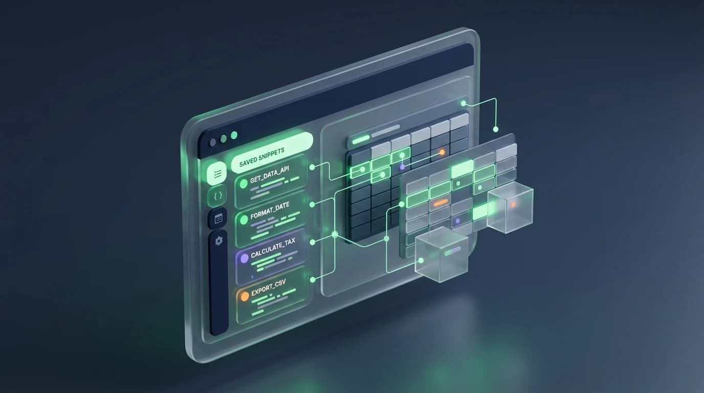 A computer screen showing a side panel tool used to save custom spreadsheet formulas next to a data table.