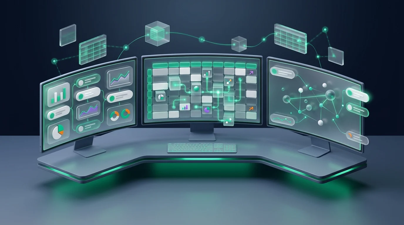 A multi-monitor setup showing structured data grids, representing a modern formula editor for finance professionals.