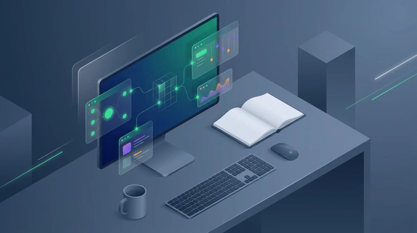 Modern computer setup with split screen interfaces showing structured data nodes.