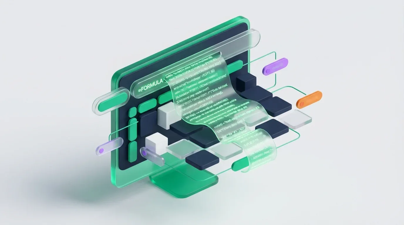 3D illustration of a green translucent Google Sheets formula editor with floating blocks and UI components.