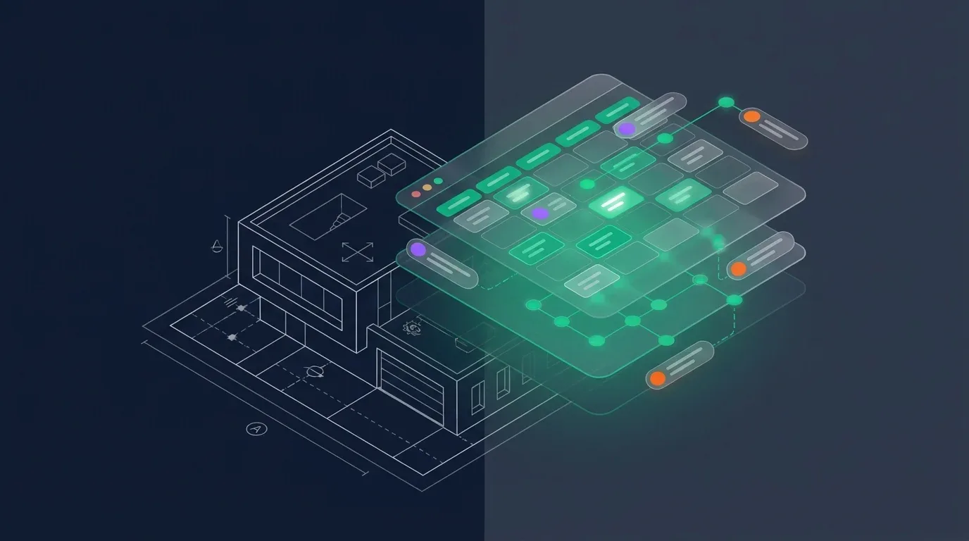 Isometric house blueprint with floating digital layers for spreadsheet formula snippet management.
