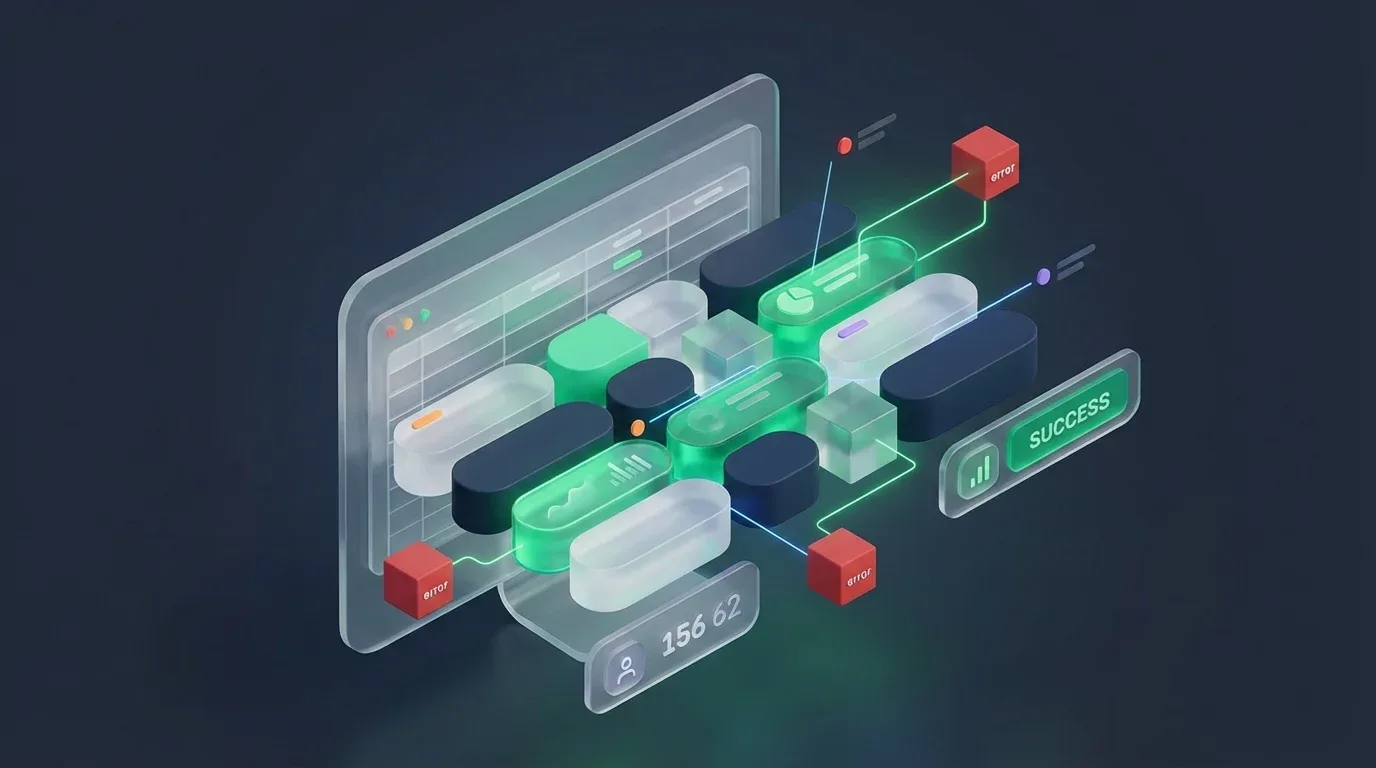 Isometric 3D graphics showing how to convert Excel formulas to Google Sheets through a data processing interface.