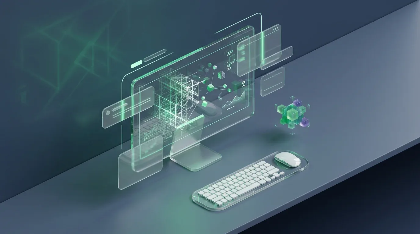 Transparent computer displaying 3D data visuals like an advanced spreadsheet formula editor.