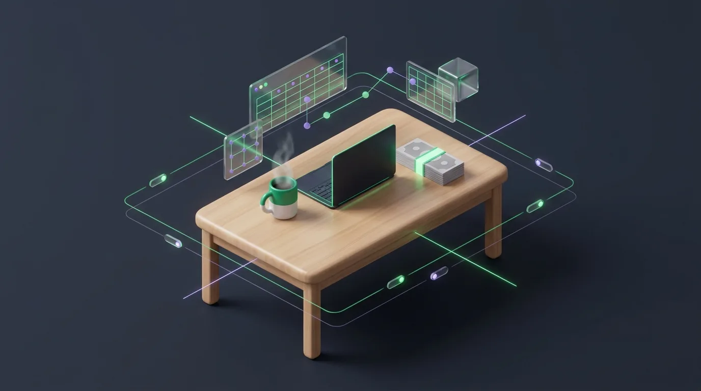 A laptop and coffee mug on a table, representing organized finances with spreadsheet global variables.
