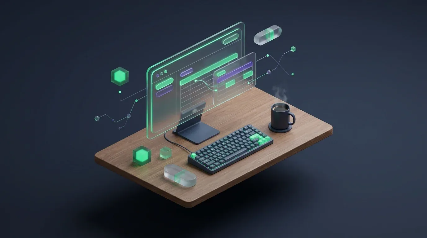 Isometric wooden desk with a keyboard, mug, and a holographic spreadsheet formula code editor display.