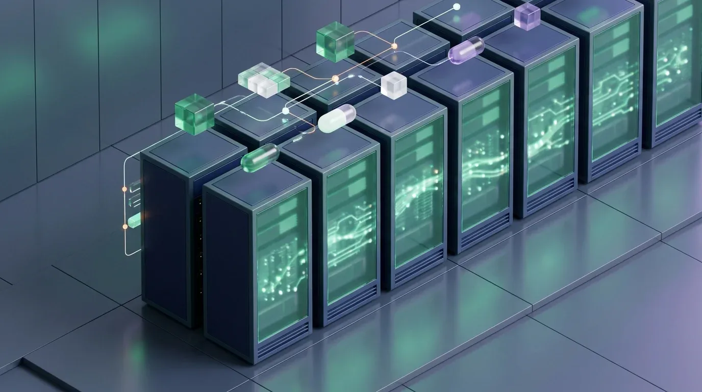 Server racks with glowing internal circuits and floating cubes to manage complex spreadsheet formulas.