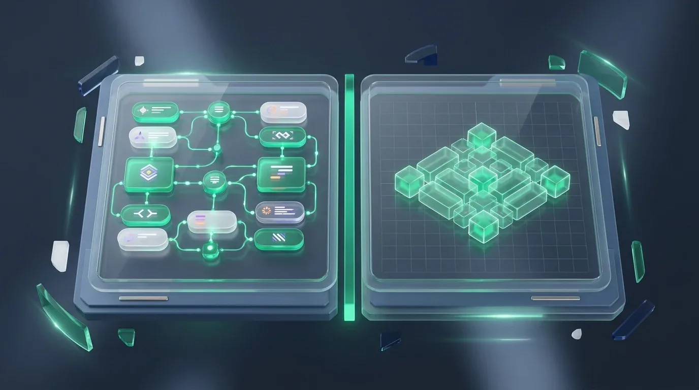 Advanced spreadsheet formula editor visualized with logic nodes and 3D data blocks on glowing glass panels.