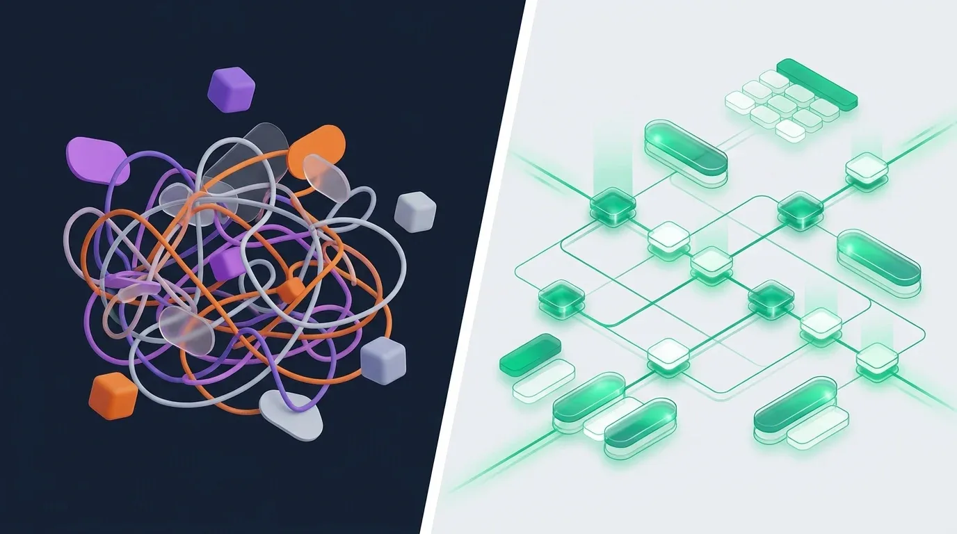 Split image showing tangled wires versus an organized green grid as an AI Excel formula assistant.