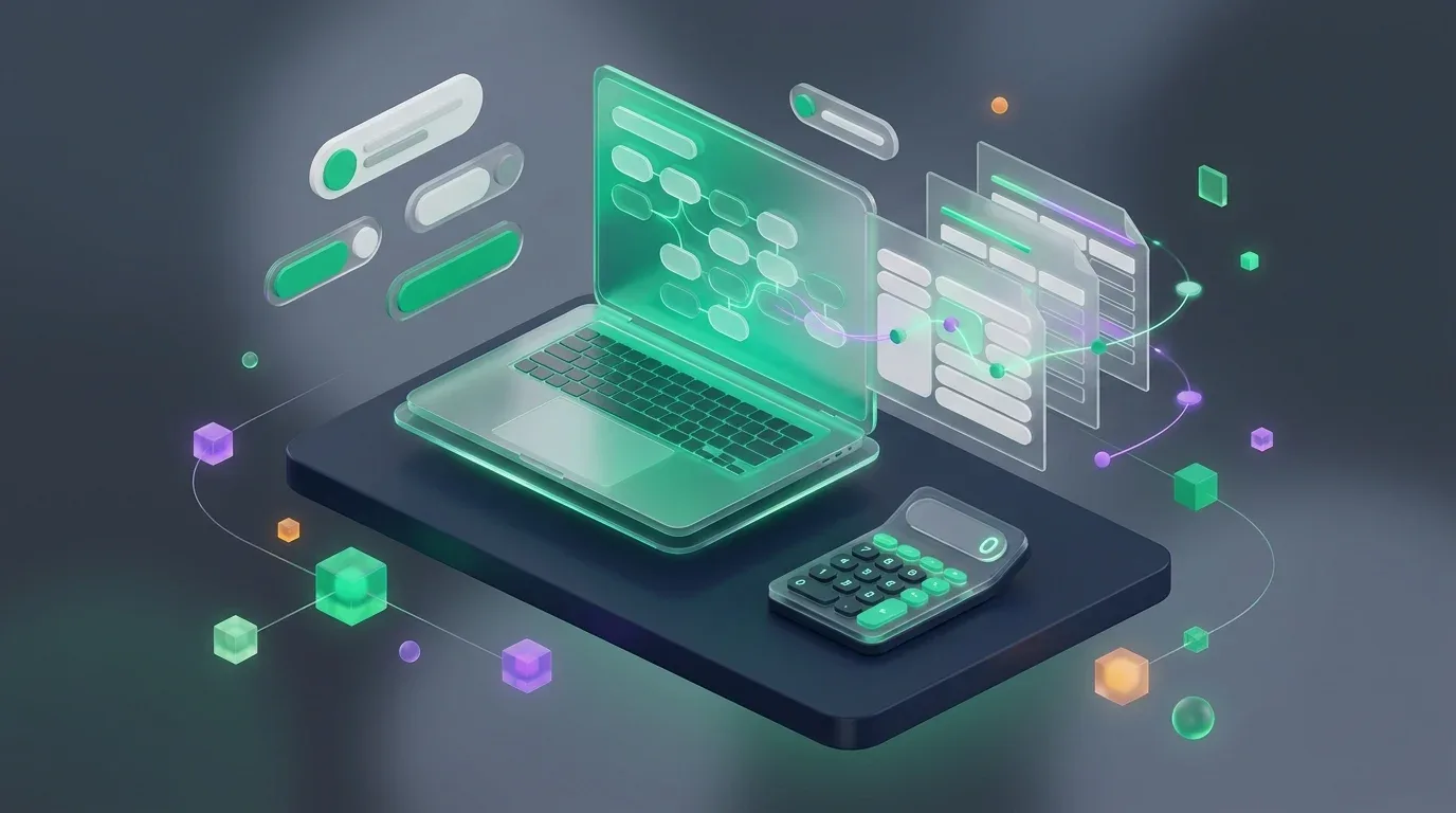 Stylized laptop and calculator with floating data windows to Excel evaluate nested formulas fast.