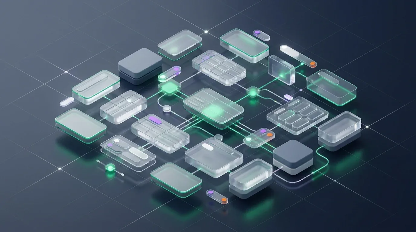 Isometric 3D blocks and glowing lines showing advanced multi-line formula formatting on a dark grid background.