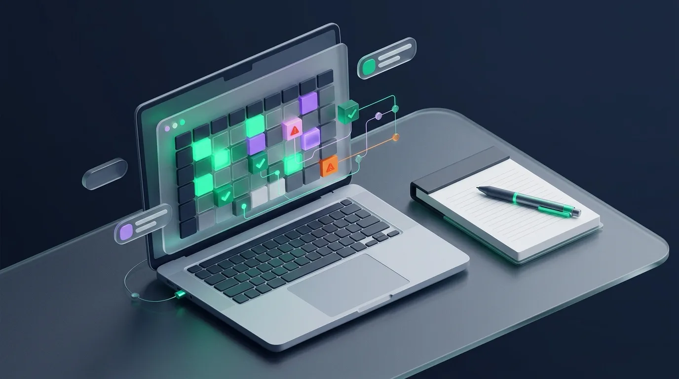 Laptop on a desk displaying a spreadsheet with colored cells