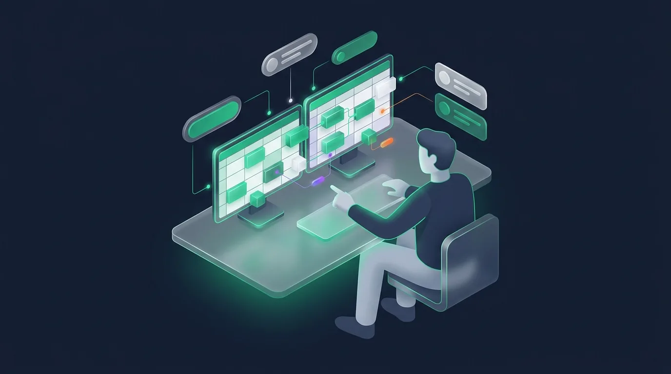 Person examining a spreadsheet grid on dual monitors to build an AI formula generator for Excel workflow
