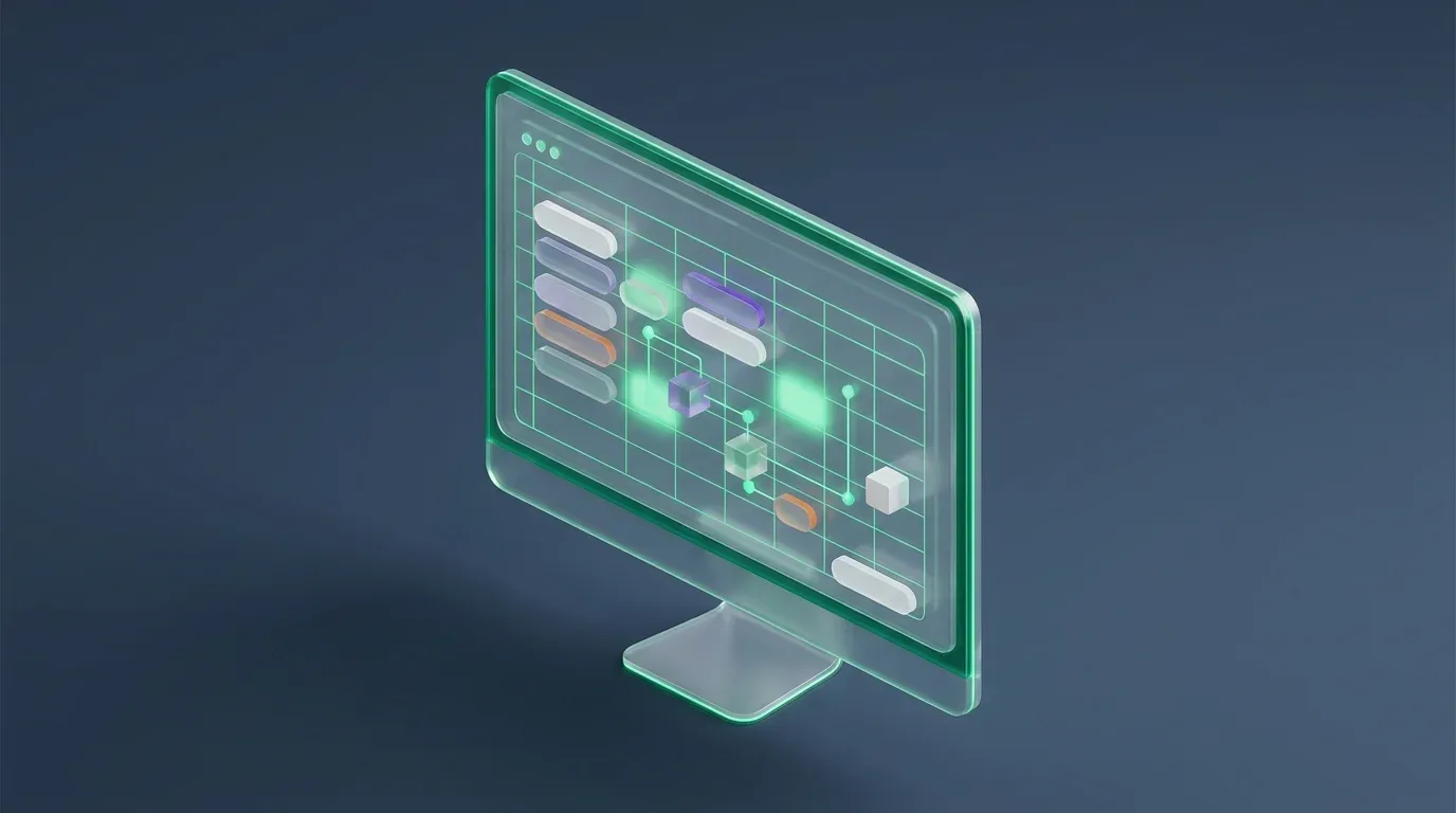 Translucent monitor with a 3D grid and glowing nodes, representing an advanced excel formula editor interface.