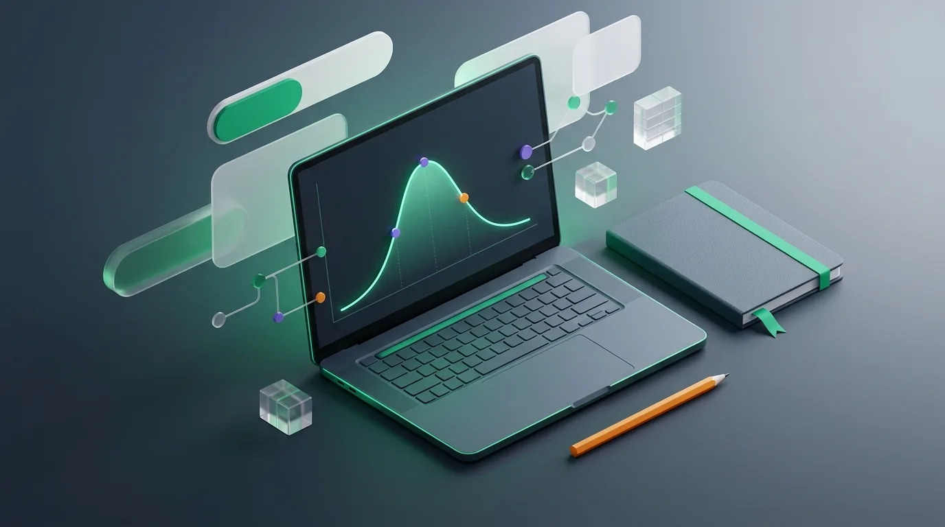 Laptop screen showing a bell curve chart on a desk