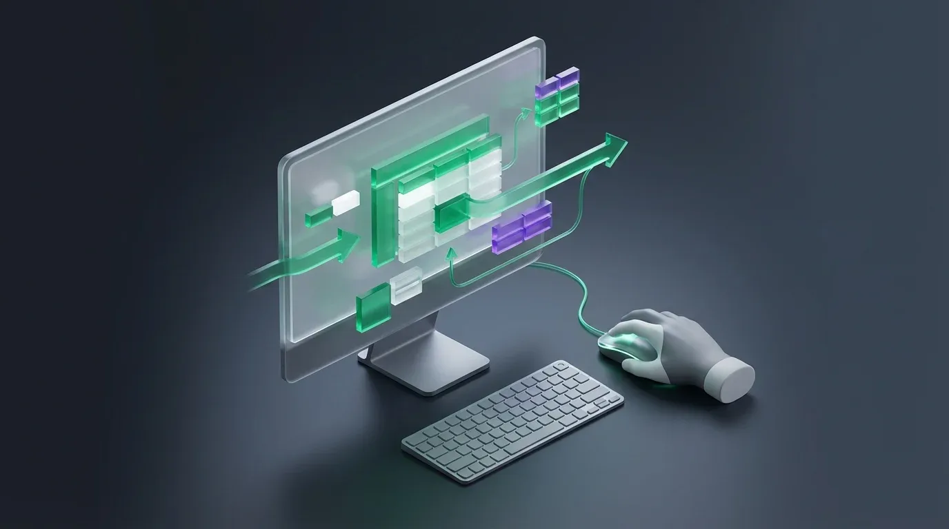 3D graphic of a monitor with arrows showing how to read Trace Dependents in Excel, plus keyboard and mouse.
