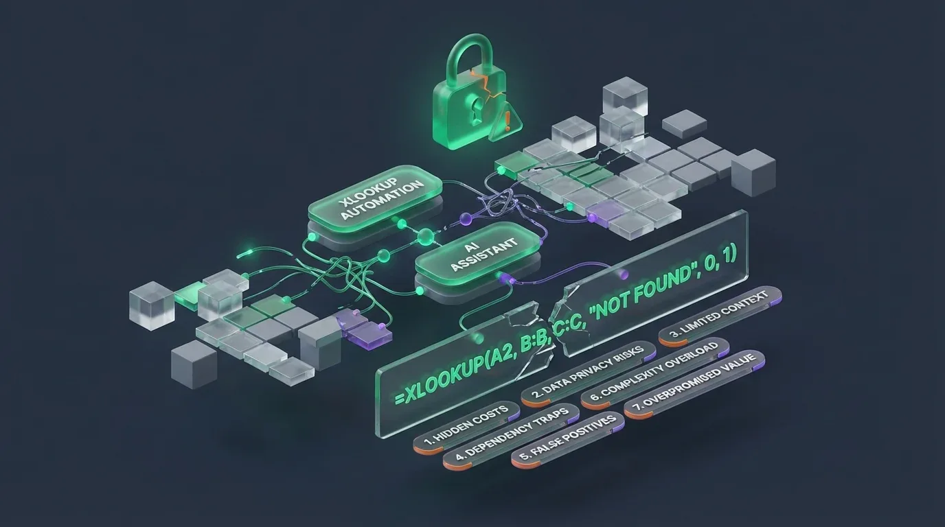 3D isometric graphic showing automating Excel XLOOKUP with AI assistant amid a web of data cubes and a broken lock.