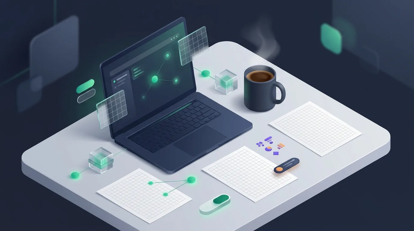 Laptop on a desk with data grids next to a coffee cup