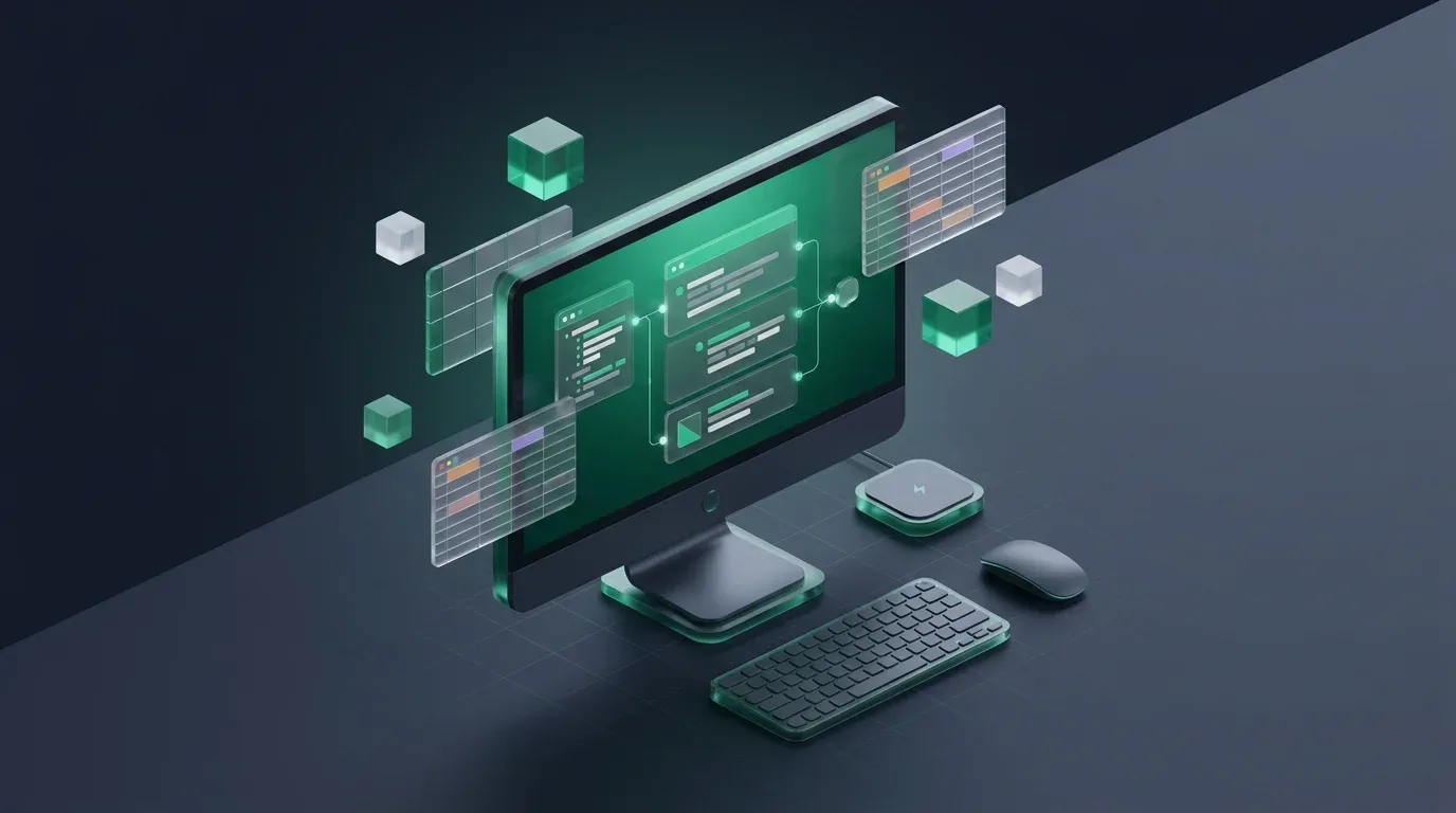 3D monitor showing a multi-line google sheets formula editor with floating glass panels and blocks.