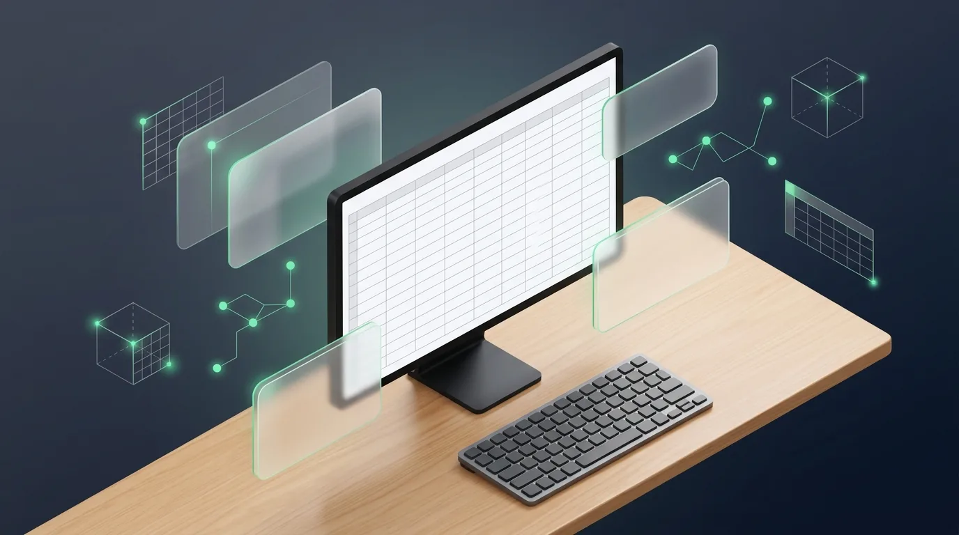 A computer monitor showing empty spreadsheet grid lines on a desk