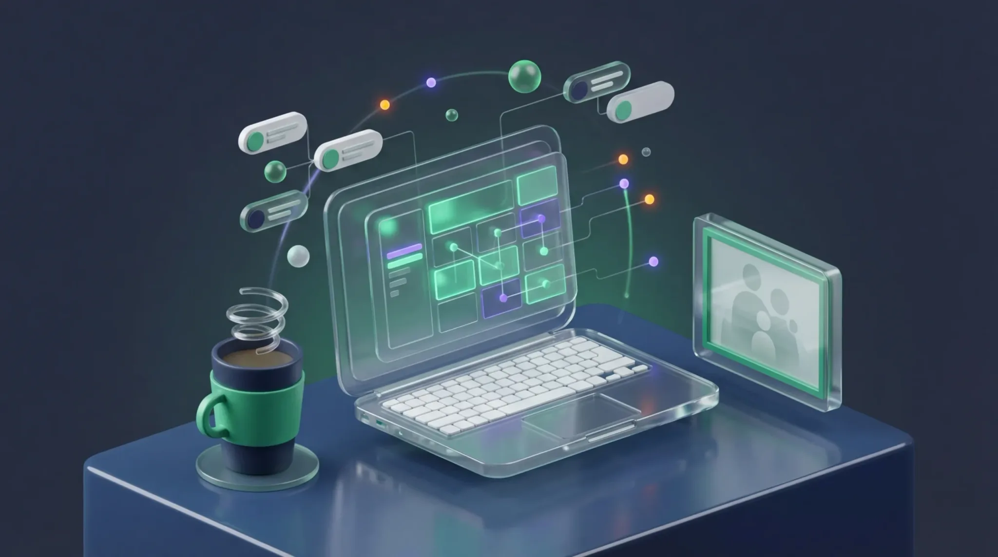 Glass laptop with floating data nodes to fix Google Sheets formula errors.
