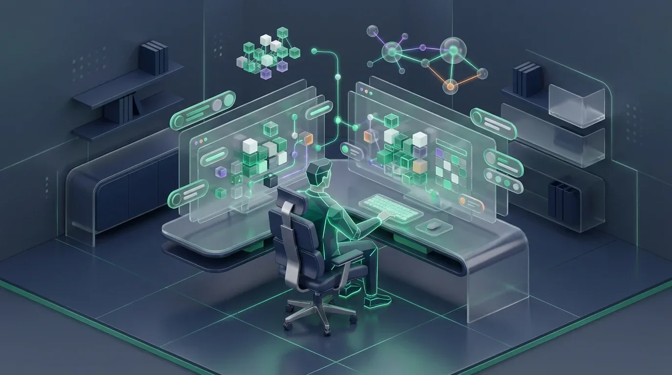 Person at holographic displays to refactor complex spreadsheet logic in an isometric digital workspace.