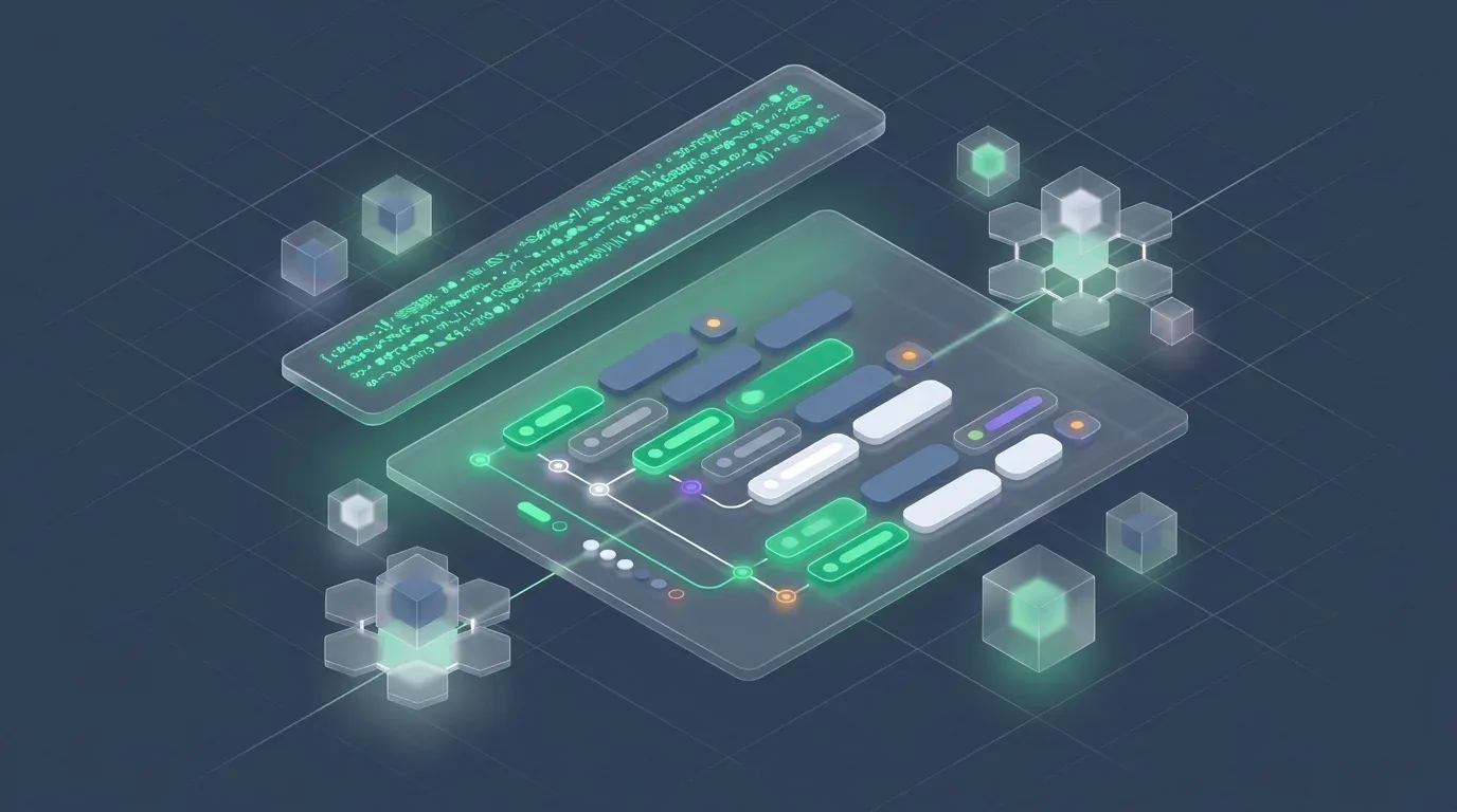 Abstract 3D visualization of a Google Sheets formula editor with branching logic paths and glowing data nodes.