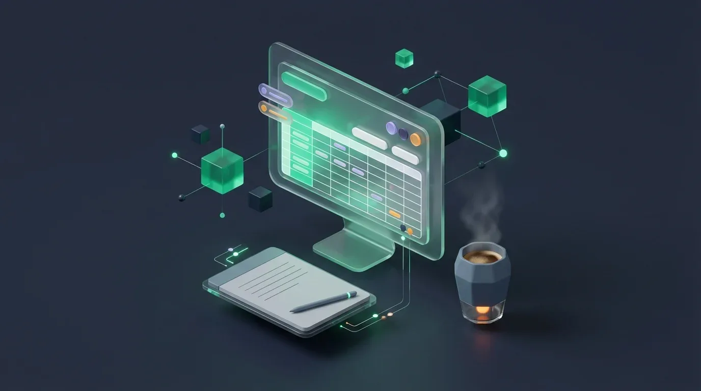 Glass monitor showing Google Sheets global variables spreadsheet, digital tablet, and coffee on a dark background.