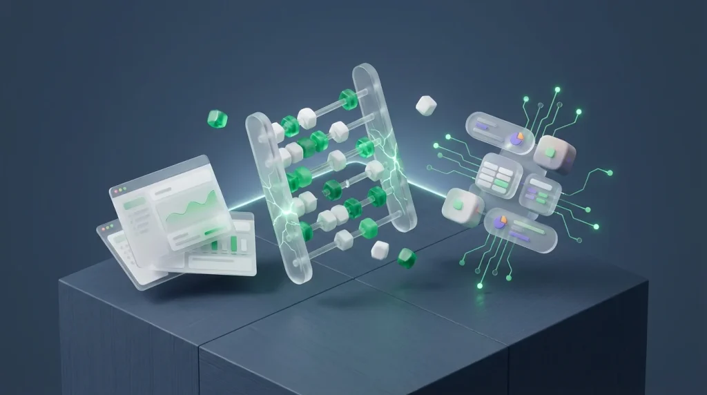 Broken abacus next to unorganized paper reports