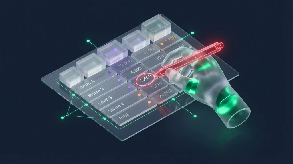 Hand marking an error on a printed spreadsheet with a red pen