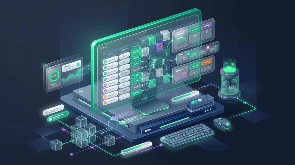 Computer monitor displaying a complex spreadsheet with dense data rows