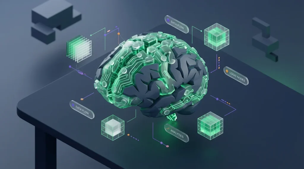 Digital brain illustrating the shift from rote memorization to logical processing