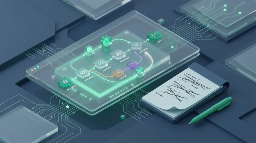 Visual logic builder interface replacing manual coding on a screen