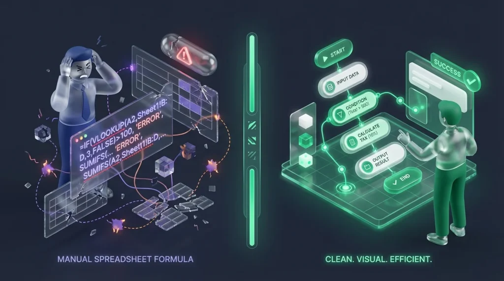 A split-screen comparison showing a frustrated office worker squinting at a complex, broken spreadsheet formula code on the left, and a relaxed user dragging and dropping blocks in a clean Visual Formula Builder interface on the right.