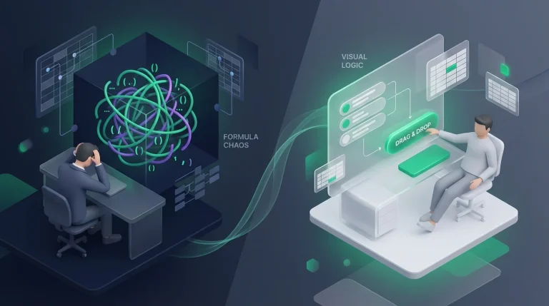 A stressed office worker staring at a tangled knot of parentheses floating in the air, contrasting with a calm user dragging and dropping blocks on a screen.