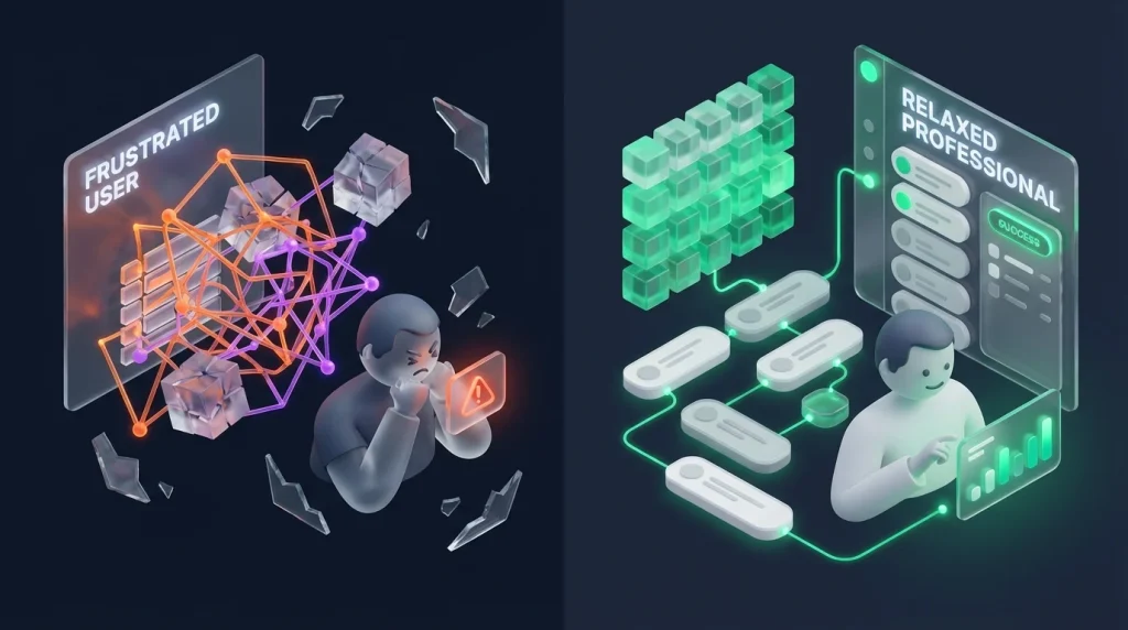 A split screen showing a frustrated user squinting at a complex, broken spreadsheet formula on one side, and a relaxed professional using a sleek sidebar interface on the other.