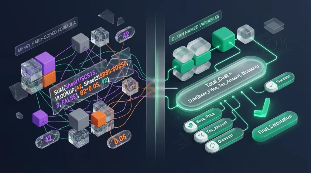 Comparison between a hard-coded formula and one using variables in Google Sheets.