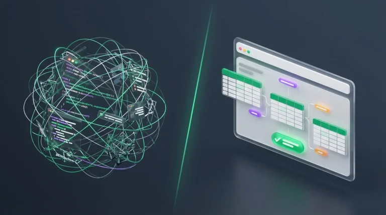 Comparison between complex spreadsheet code and a clean interface prompt