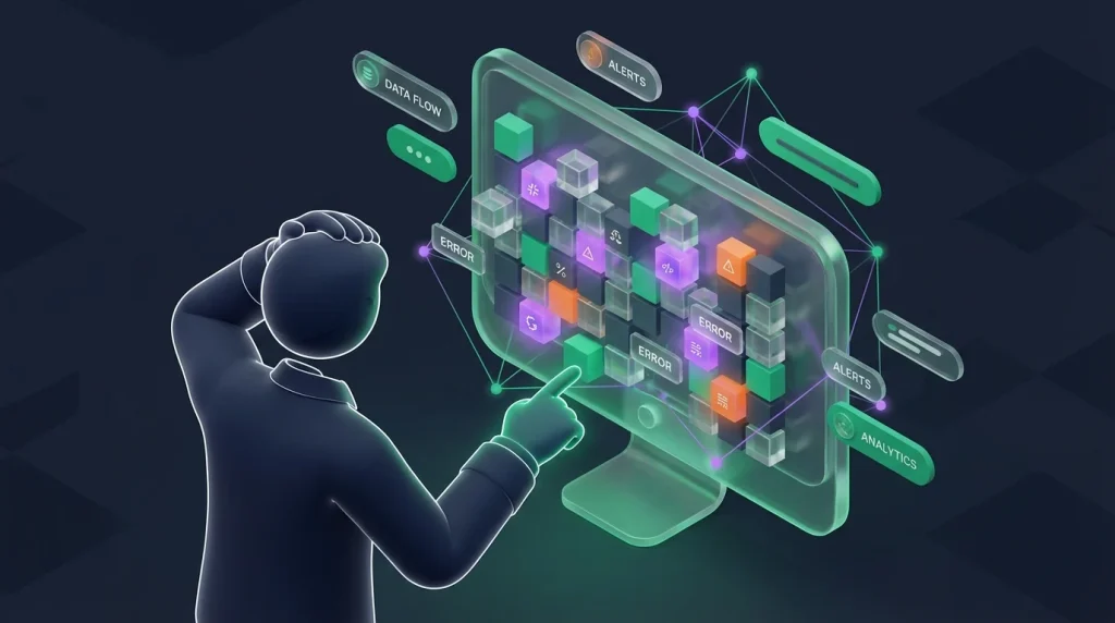 Stressed analyst pointing at spreadsheet formula errors on a computer screen.